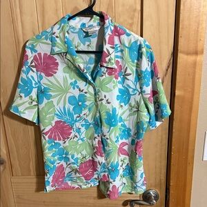 Allison Daley Floral Button-Up Blouse - Blue, Green, Pink on White
